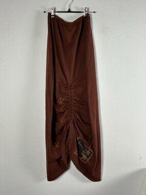 Blue Fish Women Brown Hand Printed Organic Cotton Ruched Draped Midi Skirt Artsy